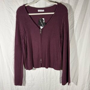 Ribbed Zip-Up Cardigan in Plum